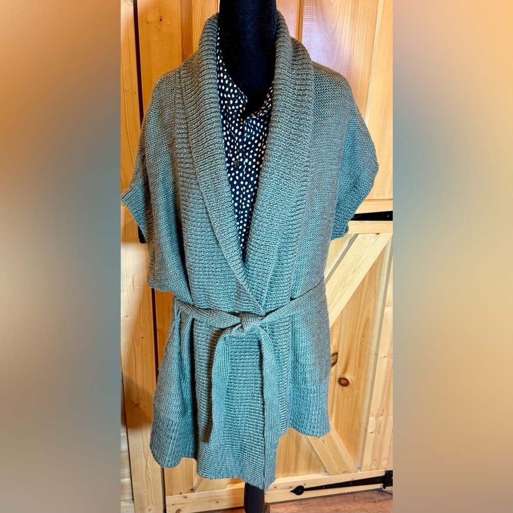 Eddie Bauer Olive‎ Green Short Sleeve Sweater Shawl Collar Belted Cardigan XL